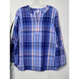 Talbots Cotton Plaid Blouse Blouse Pink/ Blue Bell Sleeves Casual Sz Medium